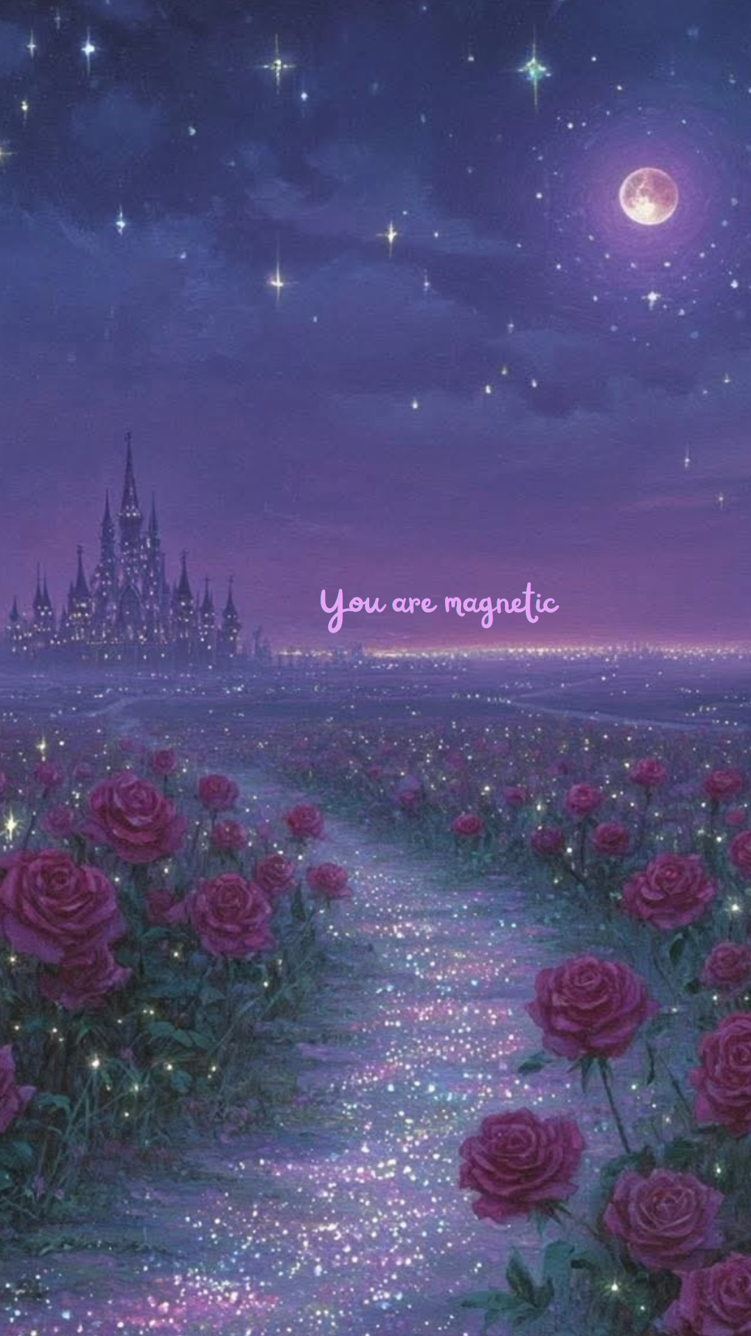 Moonlit rose garden path with the words 'You are magnetic'