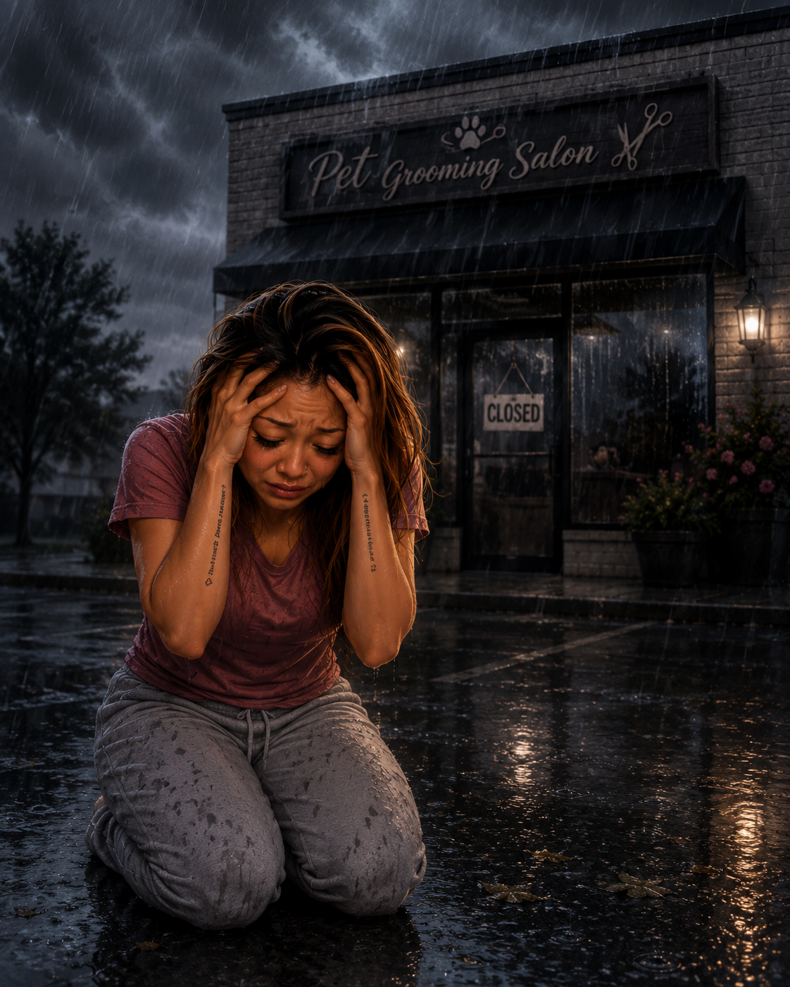Woman kneeling in the rain outside a closed pet grooming salon
