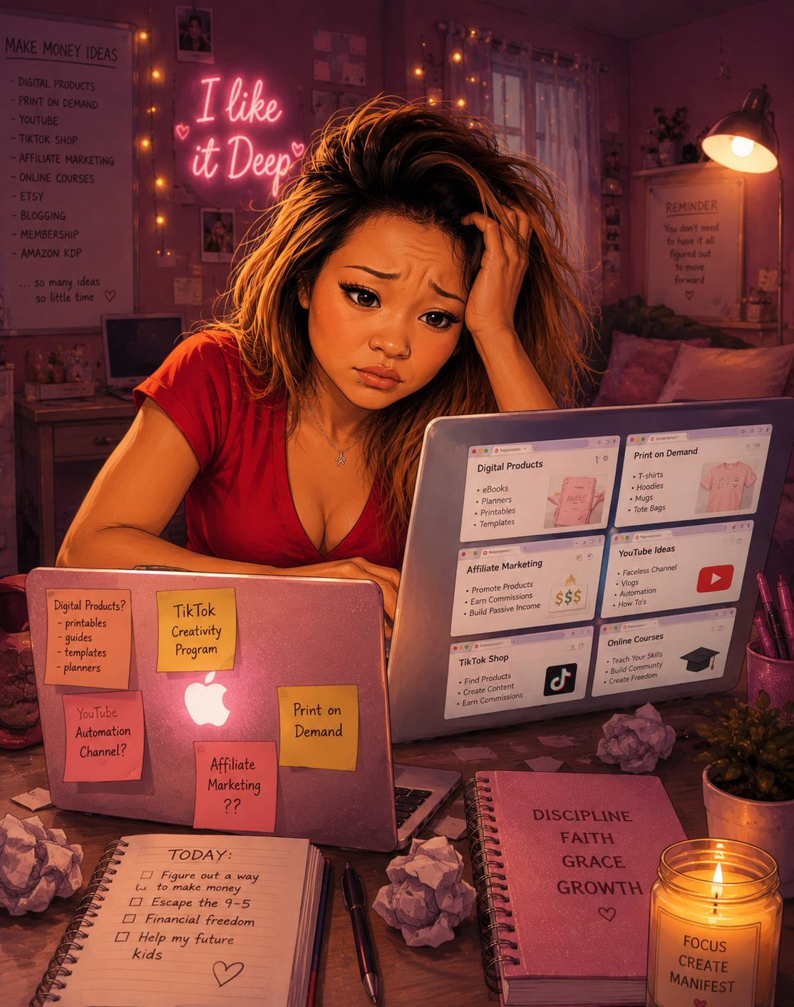 Overwhelmed woman surrounded by side hustle ideas and sticky notes at her desk