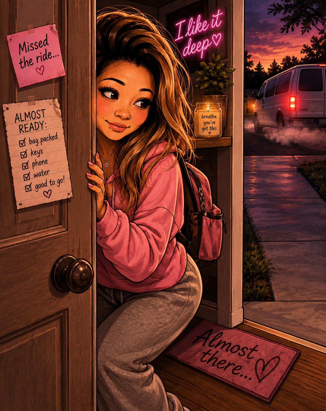 Illustration of a woman with a backpack in her doorway watching her ride pull away at dusk