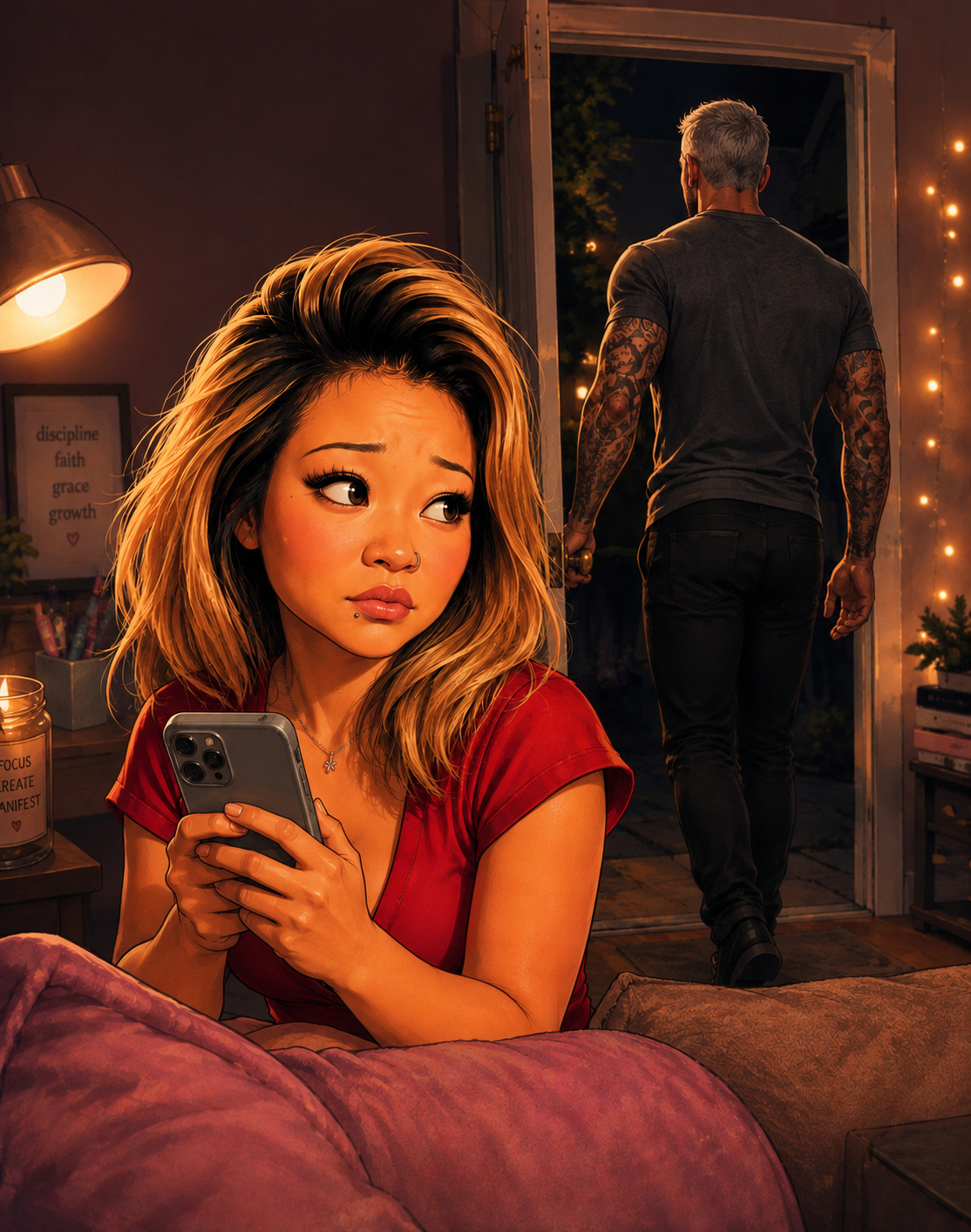Woman holding a phone, watching her boyfriend walk out the door