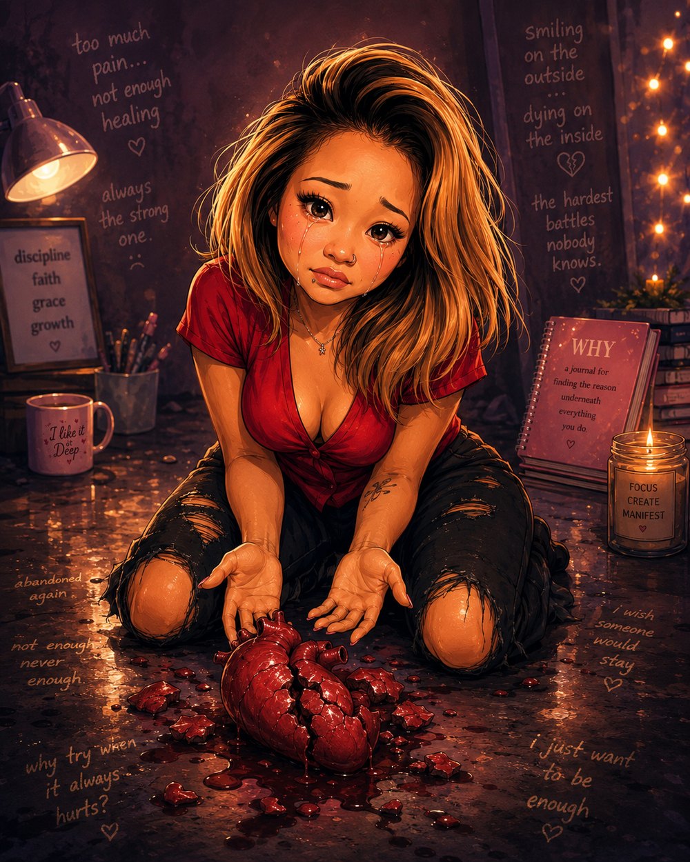 Illustration of a woman kneeling over a broken heart, surrounded by handwritten worries in a dim room