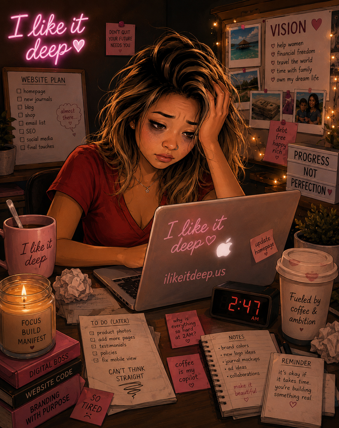 Illustration of a tired woman working late on her laptop at 2:47am