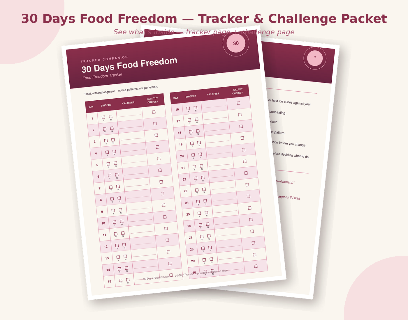 Preview of the 30-days-food-freedom-packet tracker and challenge pages